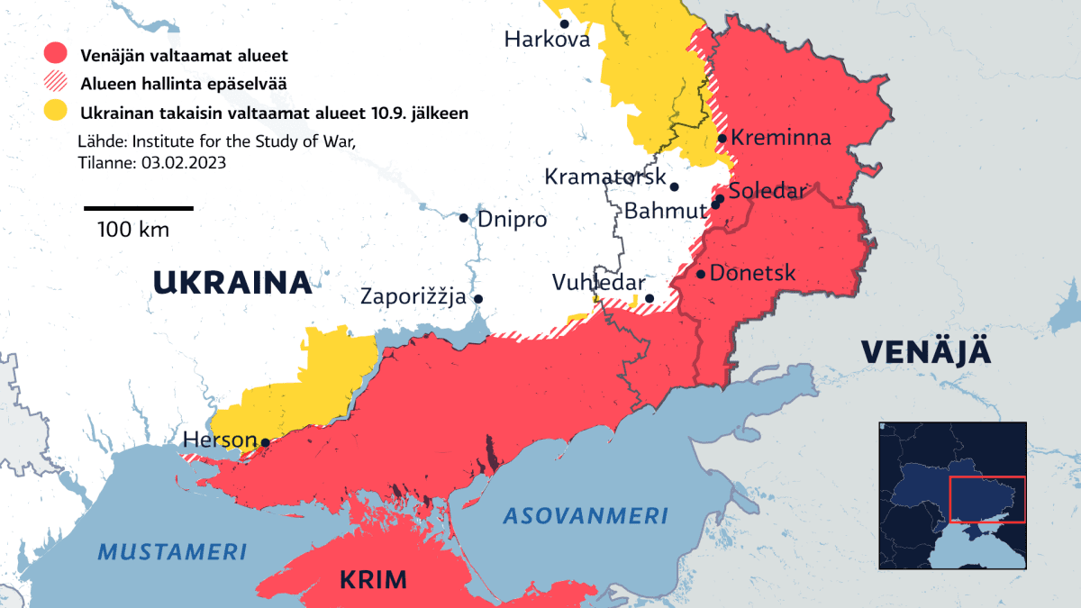 Kartassa näkyvät Ukrainan ja Venäjän rintamalinjat 3.2.2023.