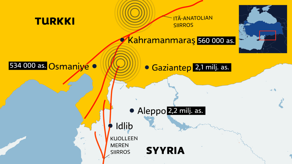 Kaksi maanjäristystä turkissa Syyrian rajan pinnassa. Kartta jossa näkyvät suurimmat alueen kaupungit ja niiden väkiluku.