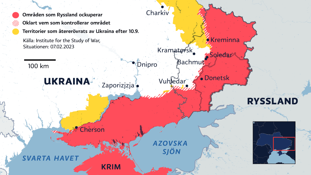 Karta över läget i östra Ukraina 7.2.2023