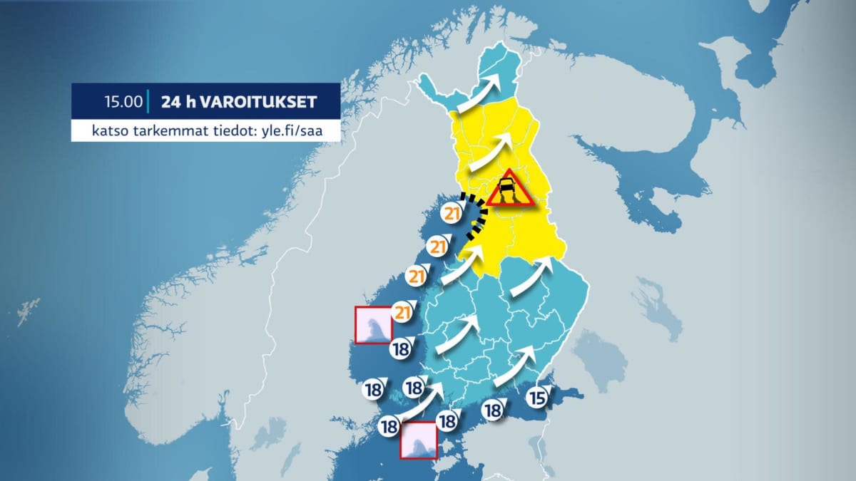 Kuvassa näkyy Suomen varoituskartta. Tuulet ovat kovia ja pohjoisessa Suomessa on liukasta.