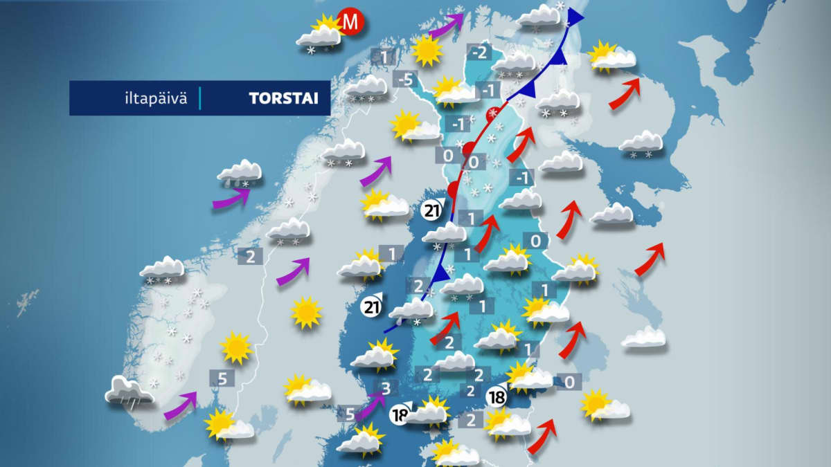 Kuvassa näkyy Suomen sääkartta ennusteineen torstaina iltapäivällä. Lähes koko maahan on odotettavissa lämpötiloja nollassa ja nollan molemmin puolin.