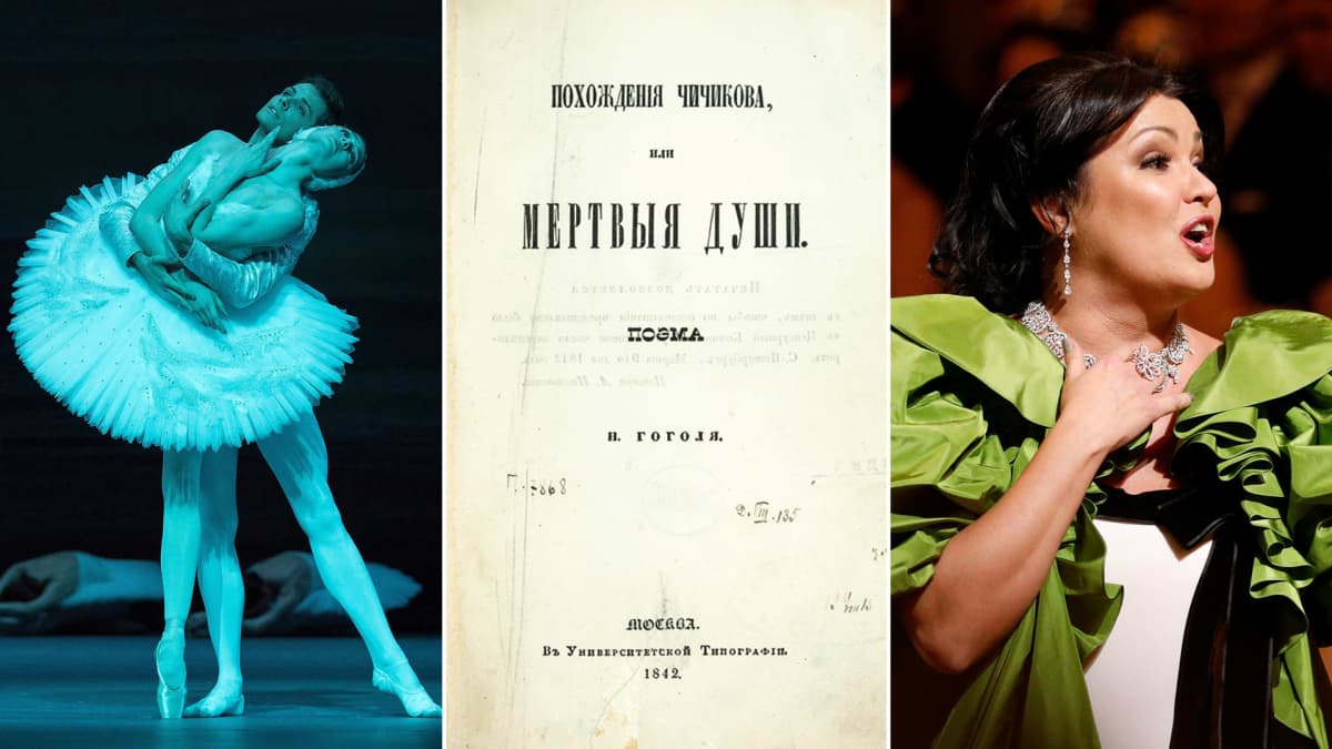 Kuvakollaasi. Kuvassa Joutsenlampi-baletti, Kuolleet sielut kirja ja oopperalaulaja Anna Netrebko.