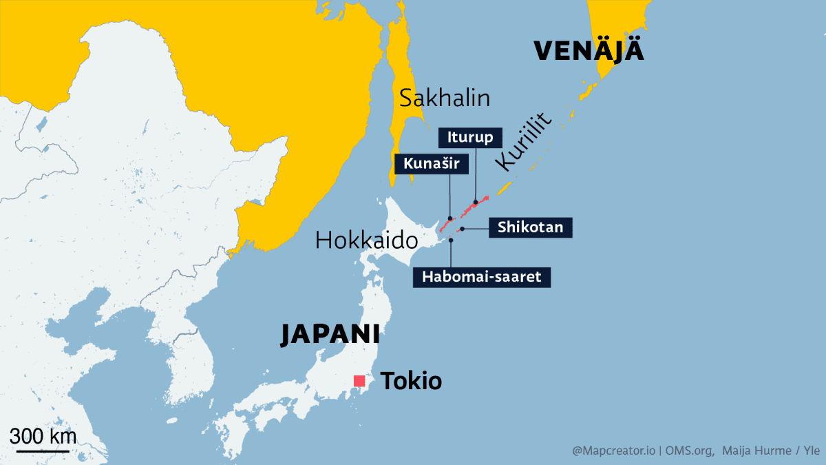 Kartalla Kuriilien saariryhmä Japanin ja Venäjän välissä