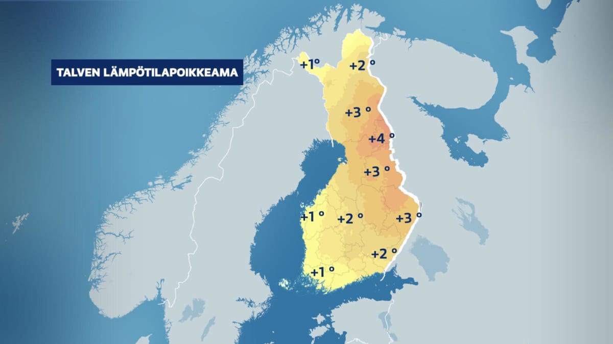 Kartta siitä kuinka Suomen talven 2022-23 lämpötilat poikkesivat normaalista.