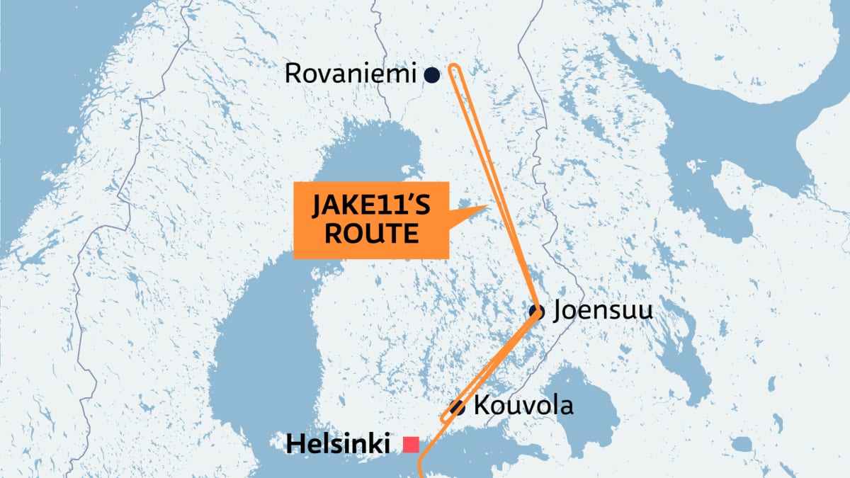 Map showing the route of the Jake 11 surveillance airplane.