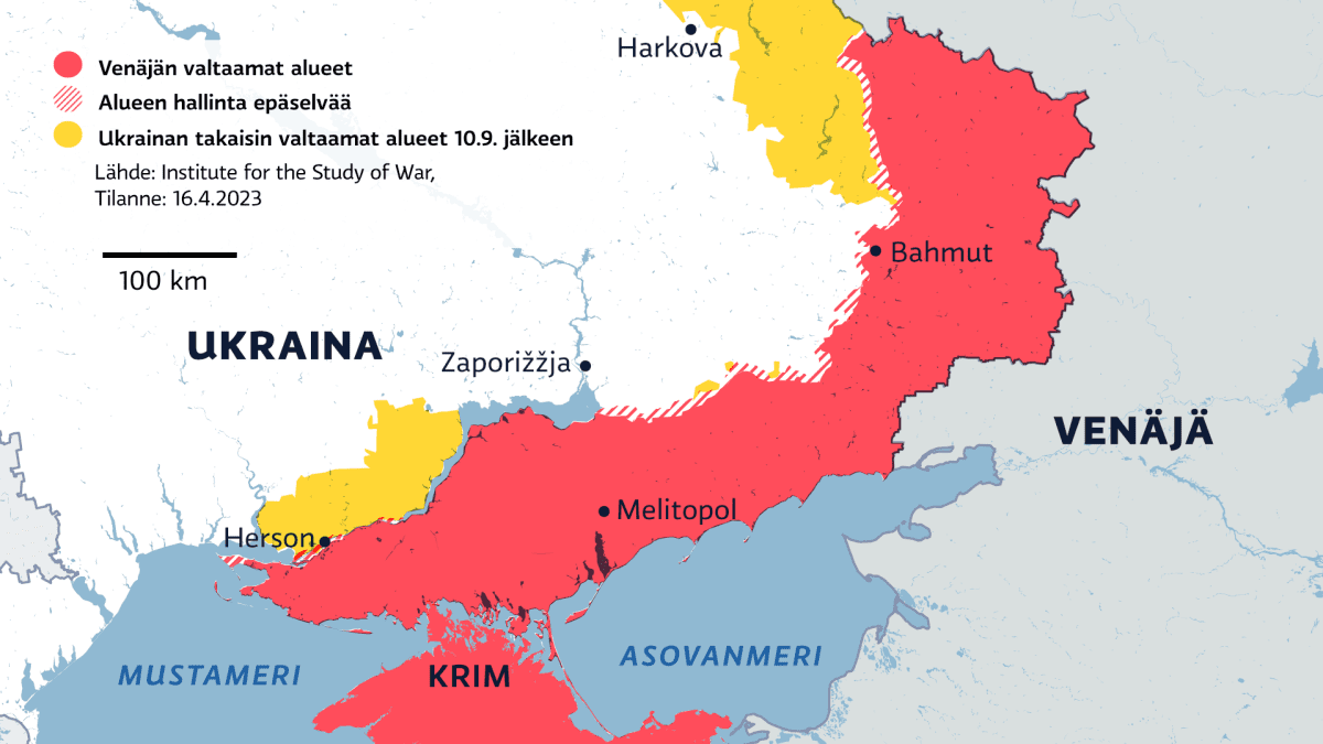 Kuvassa näkyy Ukrainan ja Venäjän rintamalinjat 16.4.2023.