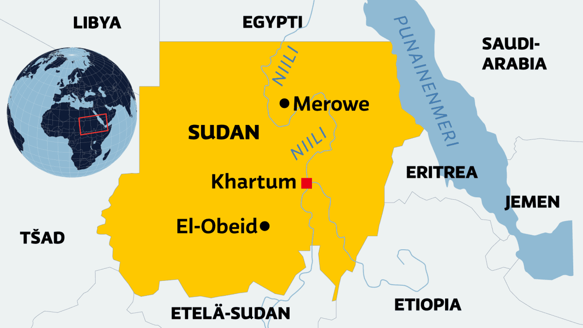 Kuvassa näkyy kartta Sudanista 16.4.2023.
