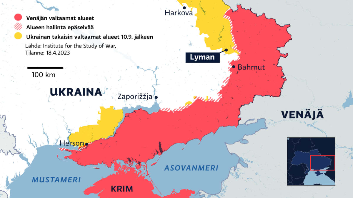 Kartalla Venäjän valtaamat alueet Ukrainassa 18.4.2023.
