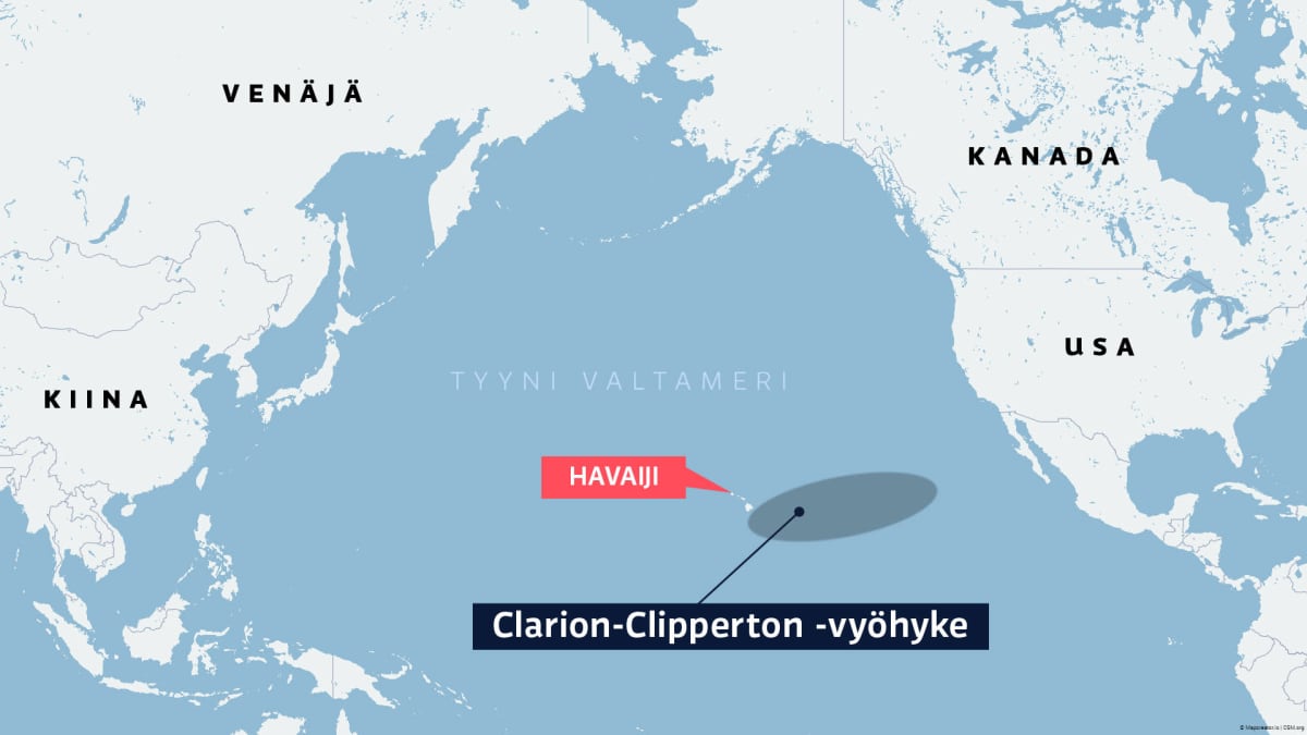Clarion-Clipperton -vyöhykkeen sijainti Havaijin itäpuolella. Kartta.