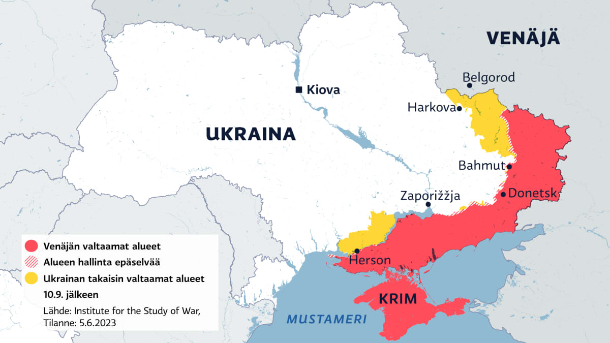 Kartalla Venäjän valtaamat alueet Ukrainassa 5.6.2023