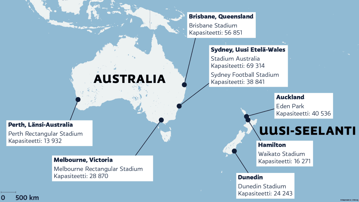 MM-kisojen kisakaupungit kartalla. Australiassa pelataan Perthissä, Brisbanessa, Melbournessa ja kahdella stadionilla Sydneyssä. Uudessa-Seelannissa pelataan Aucklandissa, Hamiltonissa ja Dunedinissa.