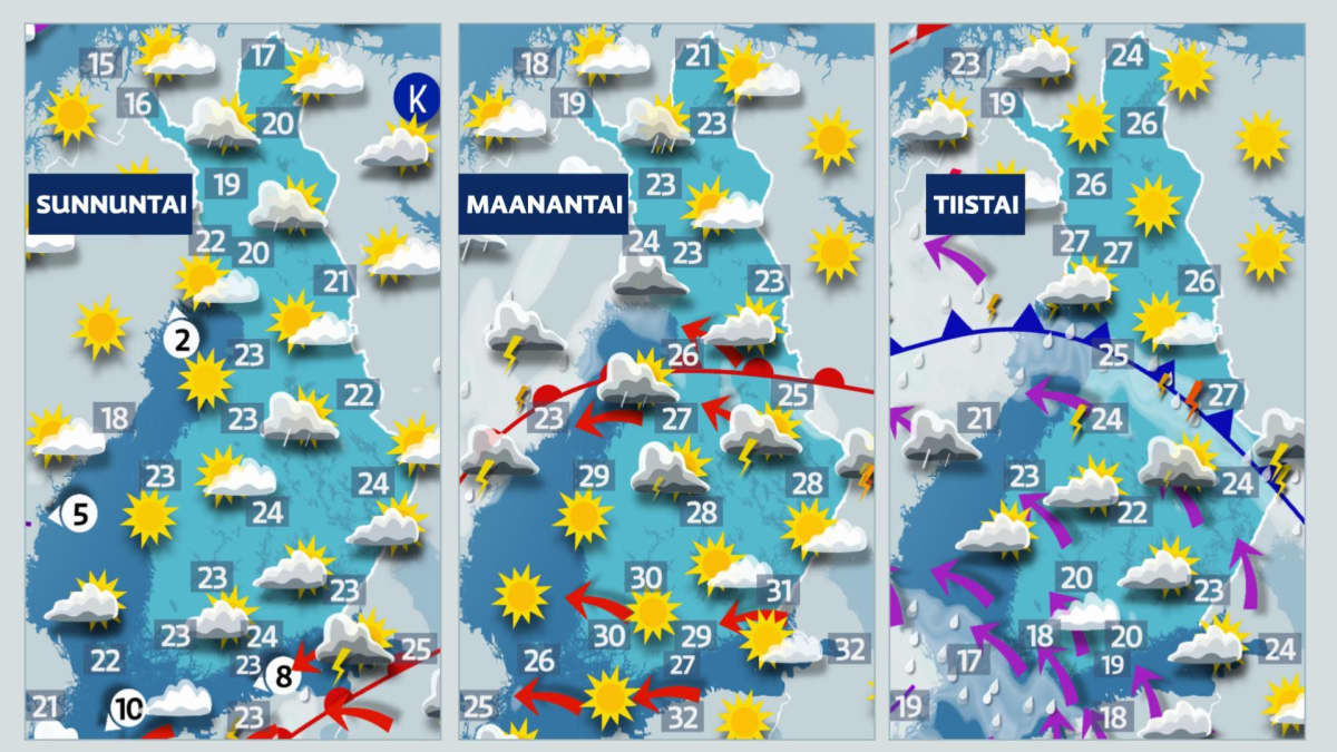 Sunnuntai on laajalti poutainen. Etelästä virtaa kosteaa ilmaa ja alkuviikolla on tukalaa hellettä.