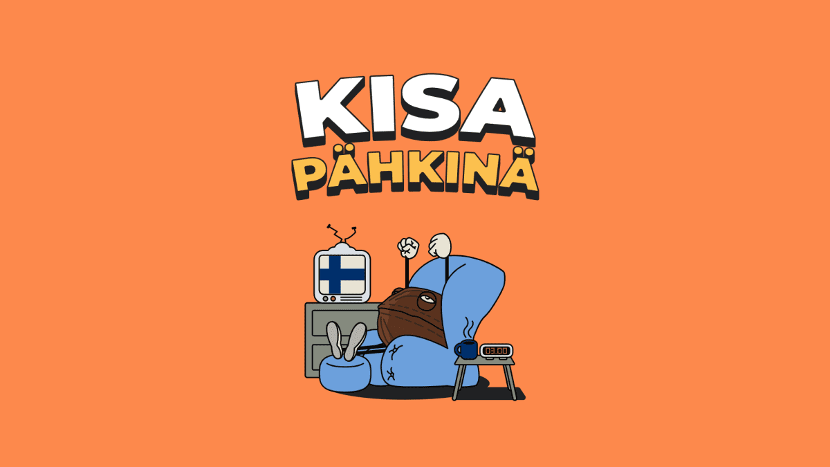Piirretty pähkinä istuu nojatuolissa katselamassa televisiota missä on Suomen lippu. Teksti Kisapähkinä.
