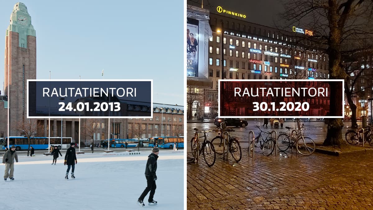 Kuvapari Rautatientorilta, toinen tammikuulta 2013 jolloin luistellaan, toinen tammikuulta 2020 jolloin maa on sula.
