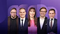 Kuvakollaasi, jossa violetilla pohjalla on viiden suurimman puolueen pormestariehdokkaat Paavo Arhinmäki, Atte Harjanne, Eveliina Heinäluoma, Daniel Sazonov ja Wille Rydman.
