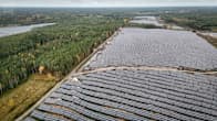 Uudenkaupungin Kalantiin rakennettu iso aurinkovoimapuisto ilmasta kuvattuna, aurinkopaneeleita levittäytyneenä usemman kilomterin matkalle.