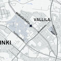 Kartta, jossa puukotuksen epäilty tapahtumapaikka Mäkelänkadulla Helsingissä.