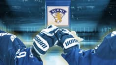 Kuvamuokkaus leijonaviiristä nousemassa jäähallin kattoon ja etualalla Suomen pelaajien nyrkit lyövät yhteen.