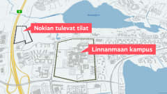 kartta, johon on merkitynä Oulun Linnanmaan alueella Nokia Networksin uuden tehtaan tontti sekä Oulun yliopiston kampusalue.