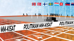 Piirroskuvassa juoksijoita stadionilla ja eri maiden lippuja salossa. Kuvan etualalla maaliviiva ja nauha, jossa teksti "Politiikan MM-kisat".