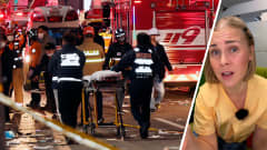 Vasemmalla kuvassa näkyy ambulanssi ja hoitohenkilökuntaa paarien kanssa Soulin halloween-juhlien onnettomuuspaikalla. Oikealla toimittaja Sara Salmi kertomassa tapahtumista.