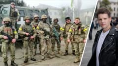 Kaksiosainen kuva. Vasemmalla kuvakaappaus videosta, jolla ukrainalaissotilaat julistavat vapauttaneensa Snihurivkan kaupungin Ukrainassa. Oikealla toimittaja Antti Kurra.