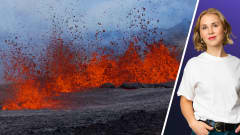 Vasemmalla lähikuvaa purkautuvasta Mauna Loa -tulivuoresta ja laavasta. Oikealla studiokuva toimittaja Sara Salmesta.