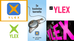 Keskellä olevan pystymainoksen molemmin puolin on YleX:n logoja eri vuosilta. Pystymallisen mainoksen teki Samuli Alapuronen ja ensimmäisen logoversion suunnitteli Sampo Soveri.