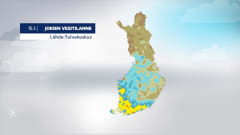Säägrafiikka jokien vesitilanteesta koko Suomessa. Alueet etelässä ja lounaassa hehkuvat keltaisella, eli vettä on siellä enemmän.