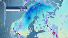 Perjantai-iltapäivän sääkartta. Lämpötila vaihtelee kahdesta pakkasasteesta etelässä kolmeenkymmeneen pakkasasteeseen pohjoisessa Lapissa.
