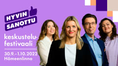 Hyvin sanottu -fetivaalin juontajat Aliisa Ristmeri, Milla Madetoja, Jussi-Pekka Rantala ja Marleena Lammikko.
