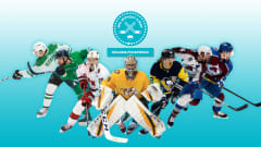 Suomalaiset NHL-pelaajat Mikko Rantanen, Sebastian Aho, Juuse Saros, Kasperi Kapanen, Artturi Lehkonen, Miro Heiskanen, Jani Hakanpää ja Ylen NHLWAM-logo.