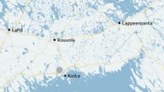 Kartta osoittaa maanjäristyspaikan sijainnin Kotkan kaupungin luoteispuolella.