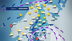 Sääkartta keskiviikolle 8. maaliskuuta. Eteläisen Suomen yllä on matalapaine, joka tuo mukanaan sankkaa lumisadetta. Pohjois-Suomessa sää on aurinkoinen. Etelässä on muutama aste pakkasta, pohjoisessa 10–16 astetta pakkasta.