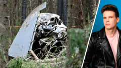 Kaksiosainen kuva. Vasemmalla kuva Hawk-harjoituskoneen tuhoutuneista osista, oikealla kuva toimittaja Antti Kurrasta.