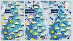 Kuvassa näkyy tiistain, keskiviikon ja torstain sääkartat.