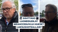 Kollaasissa kolme miestä, joilta kysyimme saako erämaahan rakentaa luksushotelleja. Kysymys on isoilla kirjaimilla saameksi.
