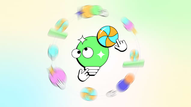 Vihreä hehkulamppu, jolla on piirretyt silmät ja kaksi irtokäsi-ikonia. Hahmon ympärillä pyörii vinhasti jotain asioita.