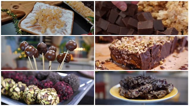 Ett bildkollage med fotografier av hemlagat godis av olika sorter.