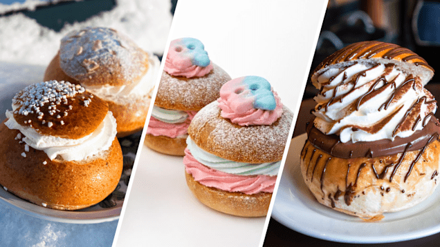 Perinteinen laskiaispulla, vaaleanpunaisella ja vaaleanvihreällä täytteellä koristeltu Bubs-pulla ja suklaalla koristeltu laskiaispulla. 