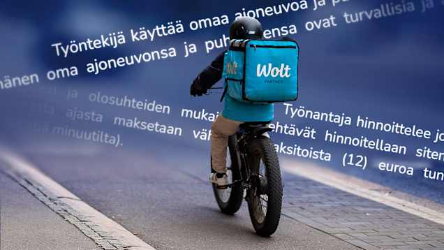 Composite image showing an e-bike courier with a large cubical blue backpack saying Wolt, seen from behind against a backdrop of contractual text.