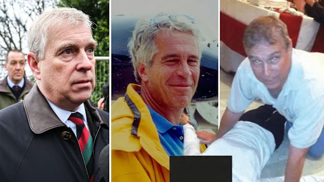 Kovakombo jossa nuori Prinssi Andrew sekä hän vanhana ja Jeffrey Epstein.
