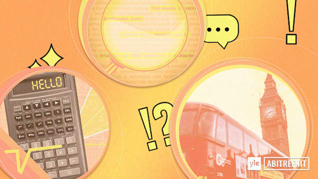 Kuvassa palloja joiden sisällä on kuvia eri aineista joista voi kysyä sensorilta (matematiikka, äidinkieli ja englanti)