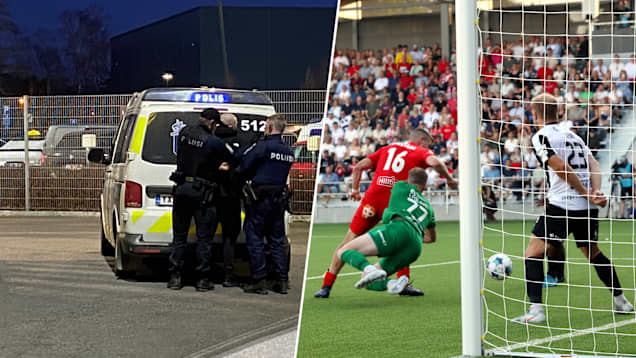 Collage på en person som grips under en fotbollsmatch och illustrerande bild på fotbollsmatch mellan VPS och Jaro.