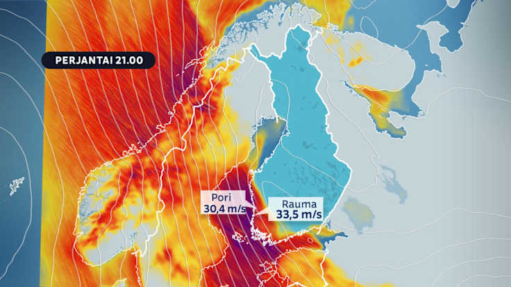 Map of Nordic region showing strong winds marked in purple along Finland's west coast, with specific speeds for Pori and Rauma marked.