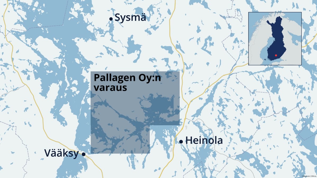 Kartta, jossa näkyy kaivosyhtiö Pallagenin tekemä malminetsintävarausalue.