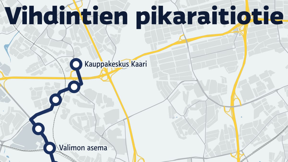 Karttakuva Vihdintien pikaraitiotien suunnitellusta reitistä Kannelmäen kauppakeskus Kaaresta Valimon aseman, Munkkiniemen, Töölön tullin, Oopperan kautta Kolmikulmaan. 