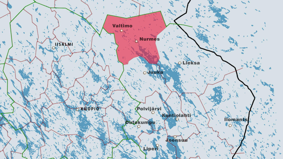 Karttagrafiikka Valtimon ja Nurmeksen kuntaliitoksesta.