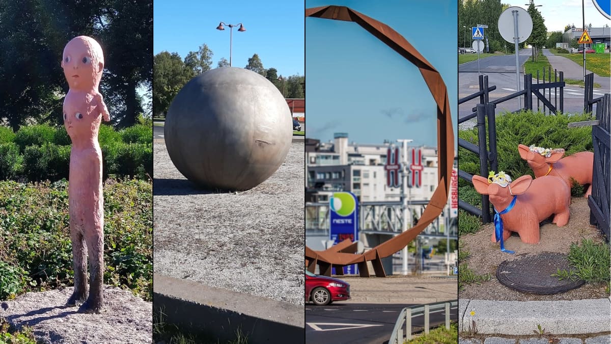 Neljä liikenneympyrään sijoitettua taideteosta eri puolilta Suomea.