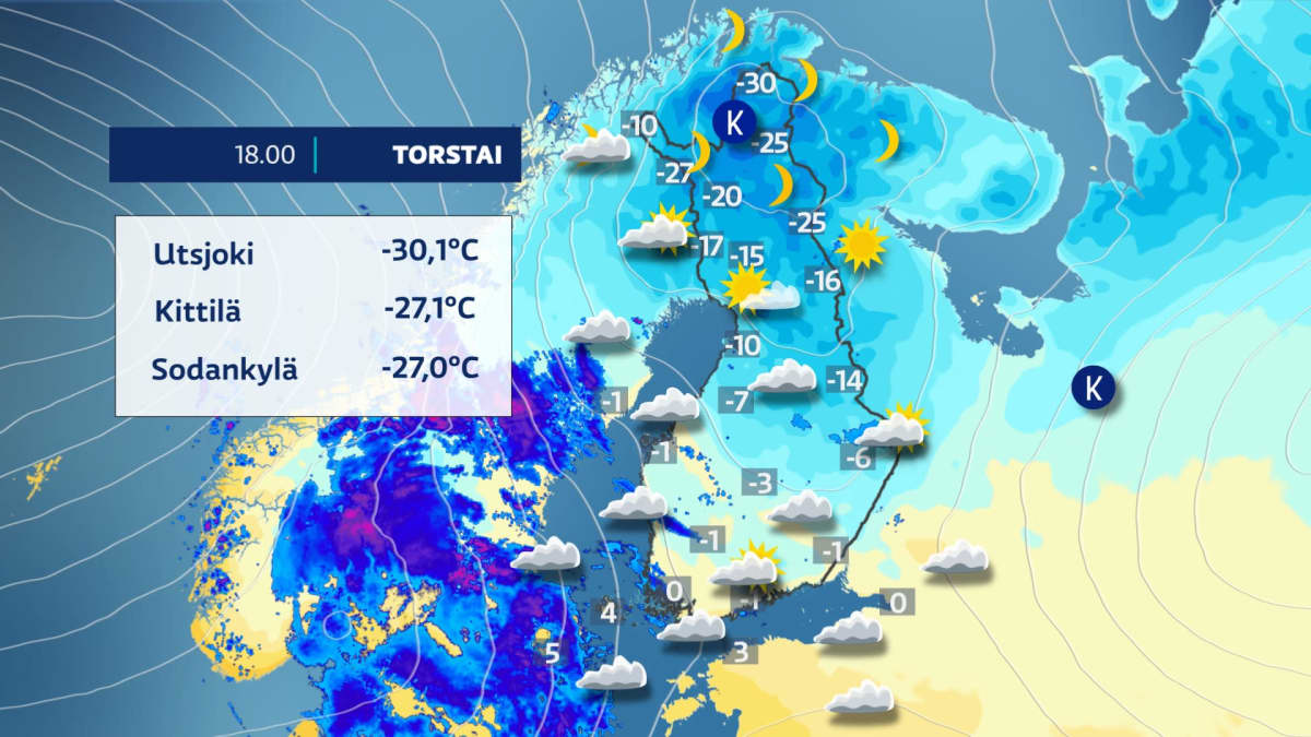 Sääkartta näyttää Suomen kylmimmät lämpötilat torstaina 17.12. kello 18. Utsjoella mitattiin -30,1 astetta ja Kittilässä -27,1 astetta. Etelässä lämpötila pyörii nollan molemmin puolin.